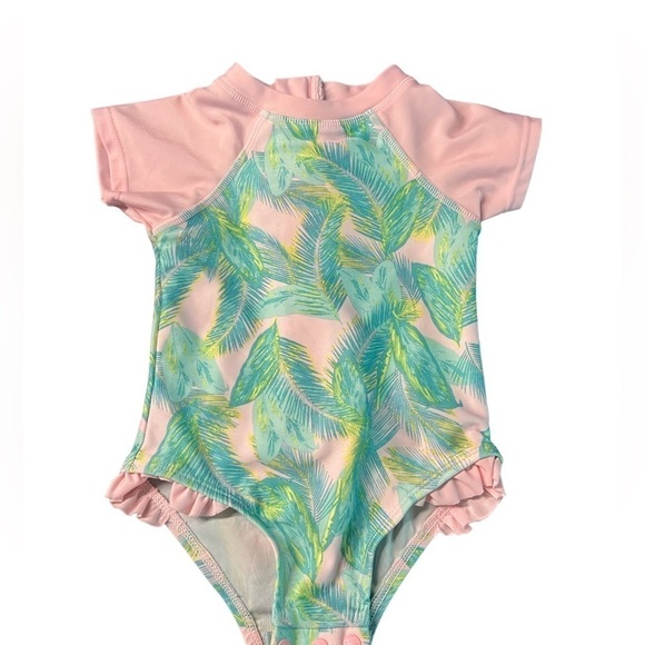 FLOATIMINI BABY GIRL PINK & TEAL TROPICAL ONE PIECE SWIMSUIT SIZE 24 MONTHS - Picture 1 of 5